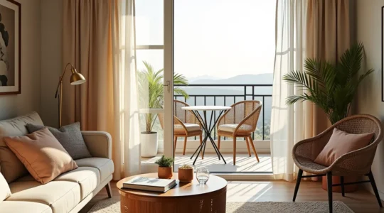 Balcon transformé en cocon de style avec textiles et accessoires soigneusement choisis, sans texte ni éléments lisibles