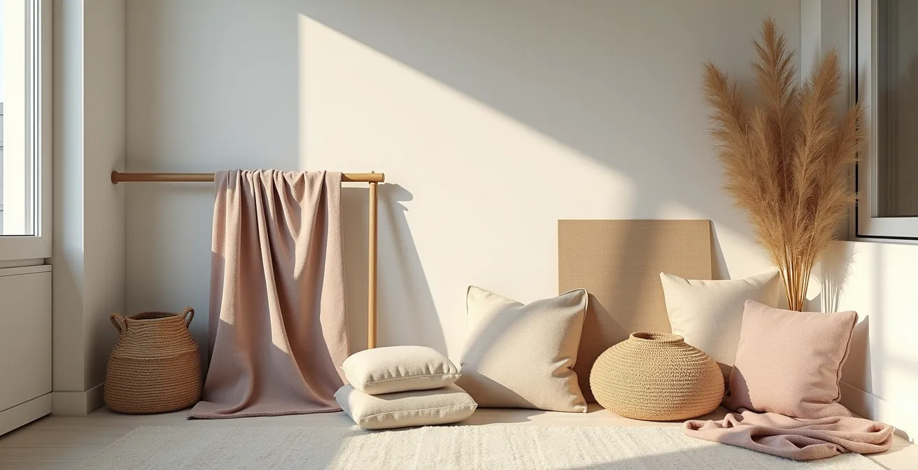 Garde-robe textile de balcon adaptée aux saisons, avec textiles et accessoires