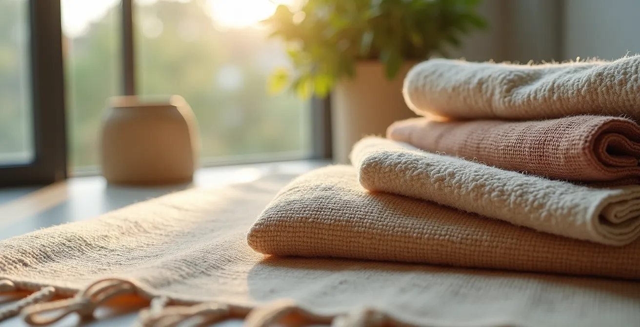 Superposition de matières textiles sur un balcon, avec textures et profondeur visuelle