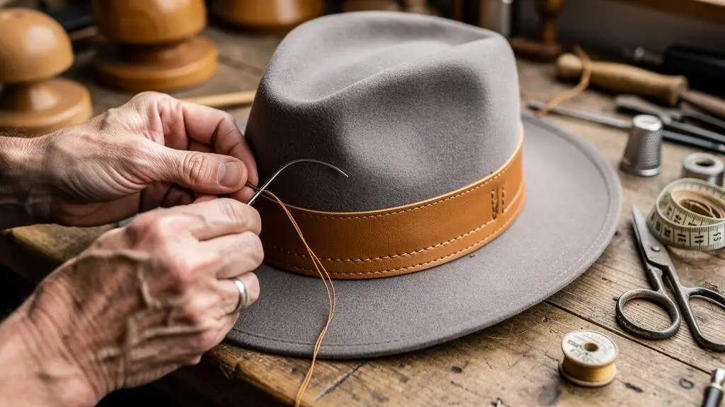 Gros plan sur les mains d'un artisan chapelier cousant à la main la bande de cuir intérieure d'un chapeau en feutre avec fil ciré et aiguille courbe