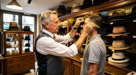 Chapelier professionnel mesurant la tête d'un client avec un mètre ruban dans une chapellerie traditionnelle d'Avignon entourée de présentoirs de chapeaux artisanaux