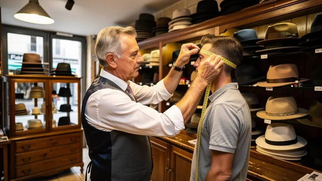 Chapelier professionnel mesurant la tête d'un client avec un mètre ruban dans une chapellerie traditionnelle d'Avignon entourée de présentoirs de chapeaux artisanaux