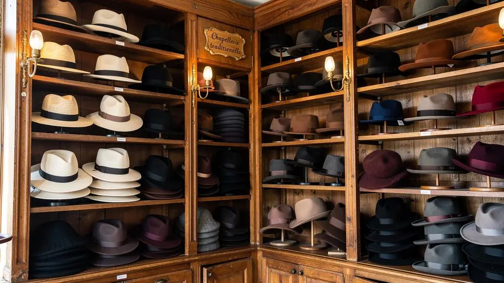Collection abondante de chapeaux traditionnels (Panama, fedora, trilby, homburg) en paille et feutre disposés sur des étagères en bois du sol au plafond dans une chapellerie historique