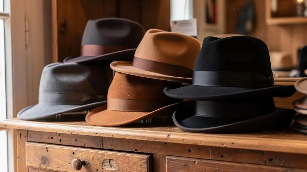 Sélection de chapeaux traditionnels de styles variés (fedora, trilby, bord large) en feutre naturel disposés sur un présentoir en bois ancien